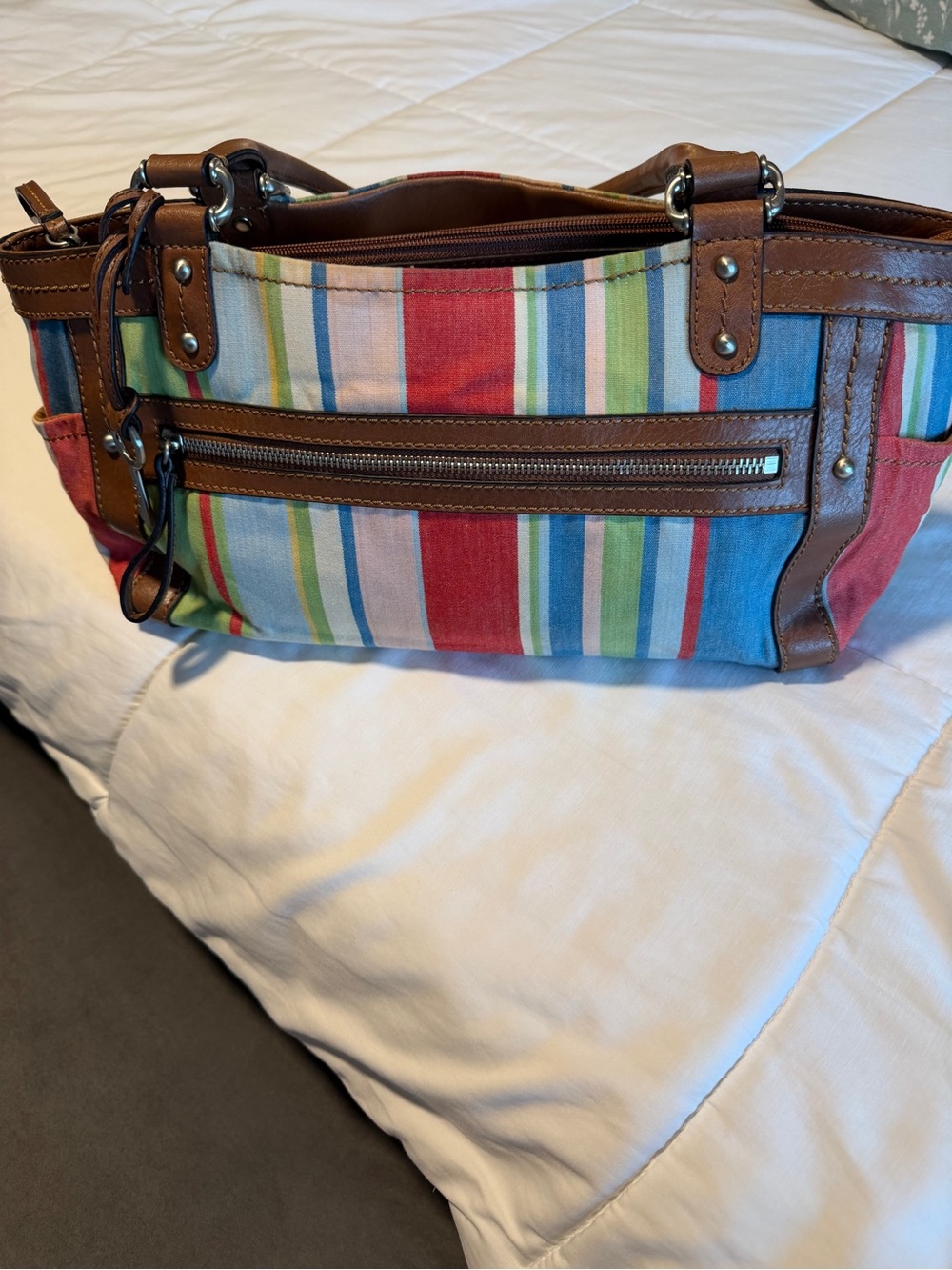 Striped Canvas Shoulder Bag with Brown Trim - Multi